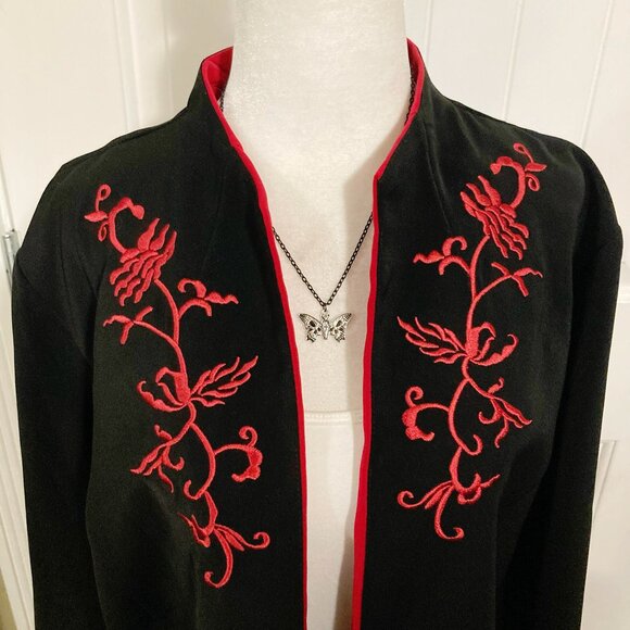 PENNINGTONS Black red floral embroidered open-front mandarin collar jacket 1X 2X - Picture 3 of 14